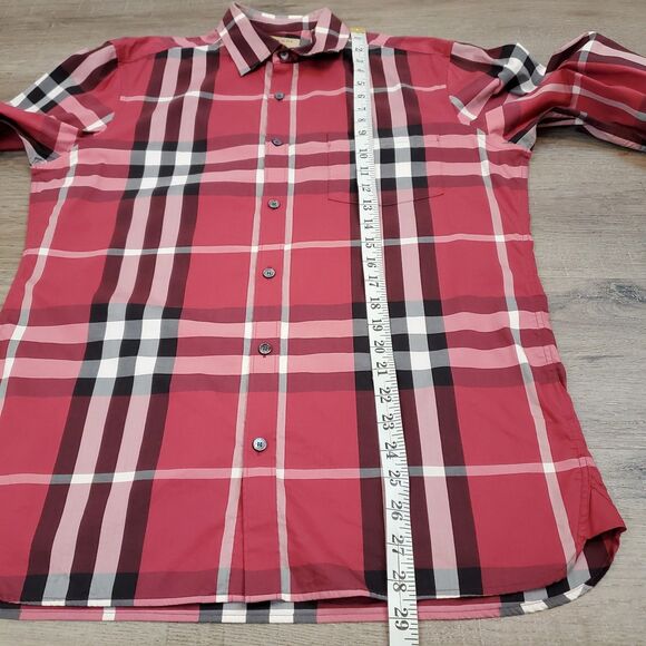 Burberry London Red Check Stretch Button Down Longsleeve Shirt M Cotton Luxury - Picture 8 of 12